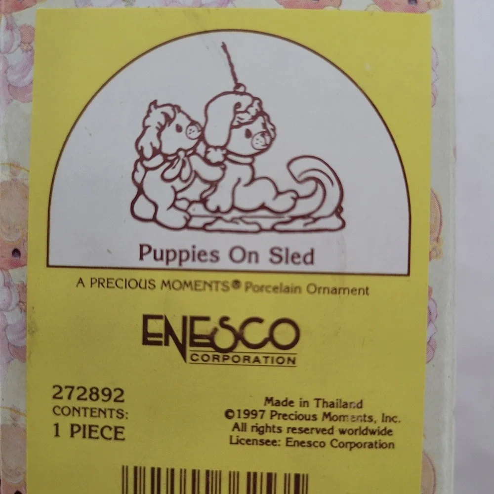 Precious Moments Puppies On Sled Porcelain Ornament 272892 Enesco 1997 Boxed